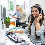 Web design LBI support team member wearing headset using pc